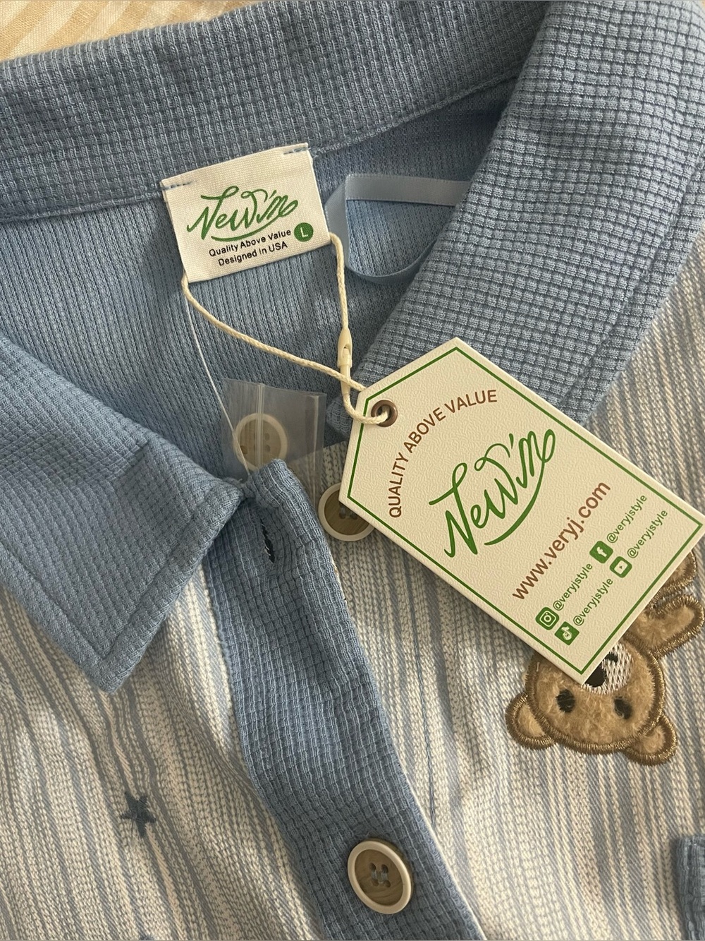 Blue Teddy Bear Embroidered Button Up Shacket Cottagecore Boho Top Size L NWT - Picture 8 of 10